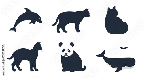Collection of Animal Silhouettes Including Dolphin Cat Panda and Whale.