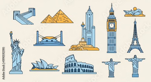 Famous World Landmarks Collection Illustration.