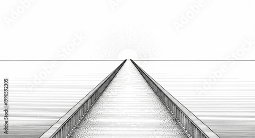 Minimalist drawing of a long wooden pier stretching into the horizon.