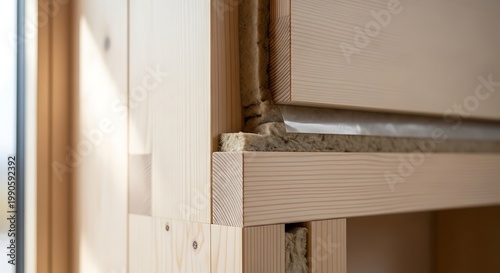 Closeup of a modern wooden wall construction detail showing crosslaminated timber, insulation layers, and vapor barrier in a sustainable building project