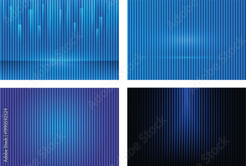 Blue Ribbed Fractal Glass Background Set with Vibrant Gradient Neon Texture Vertical Reeded Distortion Abstract Futuristic Prism Lines, vector background