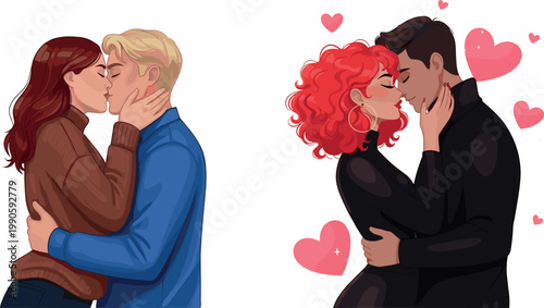 Romantic Couple Kissing and Hugging Illustration Set with Hearts for Valentine's Day Wedding Invitations Anniversary Greeting Cards and Relationship Themed Digital MediaRomantic Couple Kissing and Hug