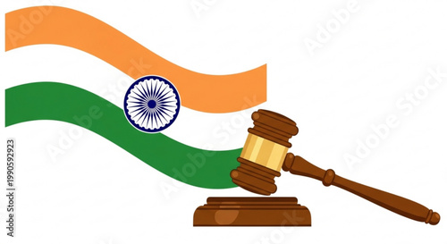 Indian flag waving with a judges gavel symbolizing justice and law in India isolated on white background