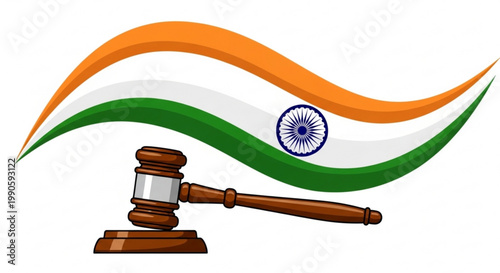 Indian flag waving above a wooden gavel symbolizing justice and law in India perfect for legal or national themes