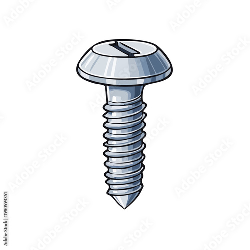 Illustration of a metal slotted head wood screw with a sharp point and threaded shaft