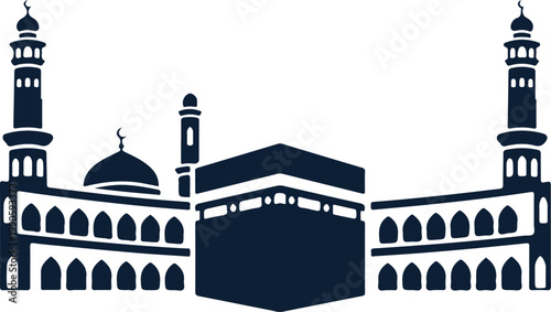 Islamic kaaba and mosque minarets silhouette, dark blue on white background, religious architecture symbol
