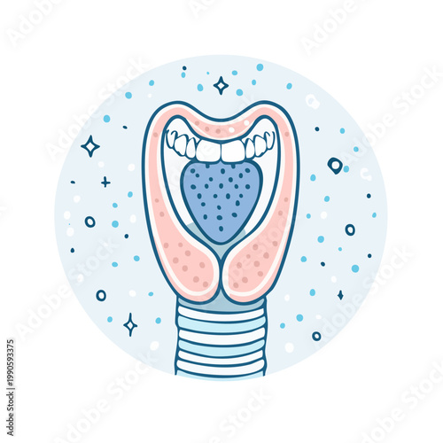 Human Larynx Anatomy Illustration Vocal Cords and Tongue with Sparkle Accents