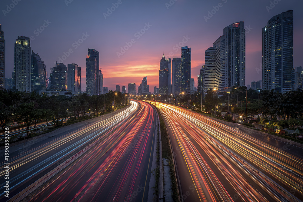 Fototapeta premium Modern city skyline at sunset with long exposure traffic light trails on busy highway surrounded by tall buildings and urban landscape