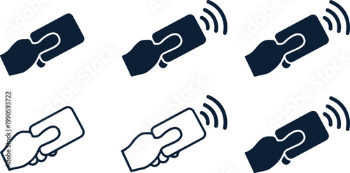 Set of six depicting hands holding contactless cards with wireless signal waves, in solid fill and outline styles, against a white background