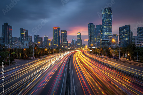 Modern city skyline at sunset with long exposure traffic light trails on highway, vibrant urban scene with illuminated skyscrapers and dynamic motion, energetic evening atmosphere