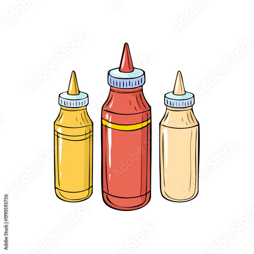 Three squeeze bottles of condiments including ketchup mustard and mayonnaise in a simple illustration