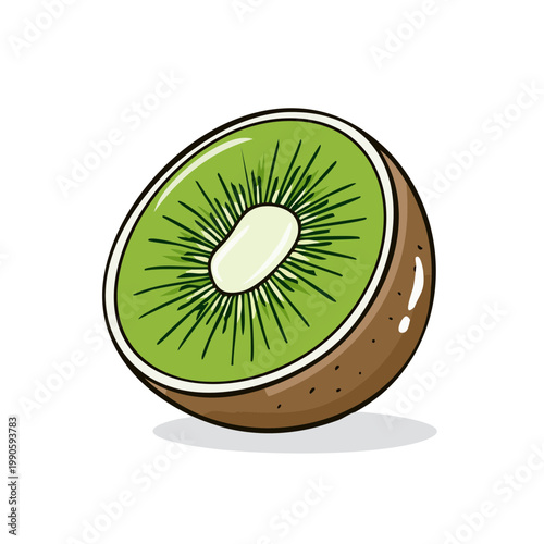 Illustration of a fresh kiwi fruit cut in half showing its green flesh and seeds