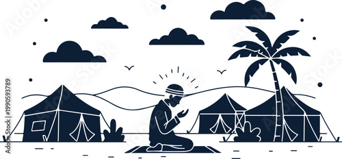 Silhouette of a person in prayer at a desert camp with tents, palm trees, and clouds under a starry sky