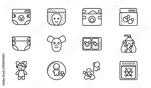 Baby diaper icons set vector thin line newborn nappy disposable hygiene childcare products pictograms isolated white background
