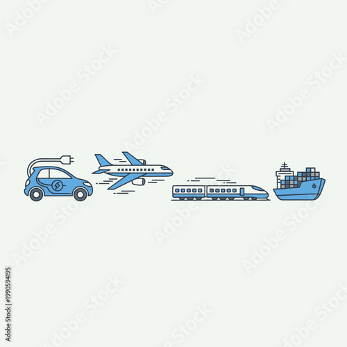 Diverse modes of transportation including electric car airplane train and cargo ship.
