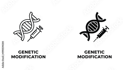 Genetic modification icons in line and solid style featuring DNA helix with syringe for biotechnology and medical research concepts
