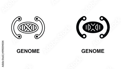 Genome science icon set featuring abstract molecular structure and circular DNA helix design in professional black and white vector graphic style for medical and biotechnology research industry