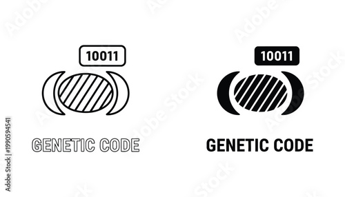 Genetic code scientific icon set featuring abstract DNA helix structure and numerical data labels in flat vector graphic style for biotechnology and molecular biology research and laboratory branding
