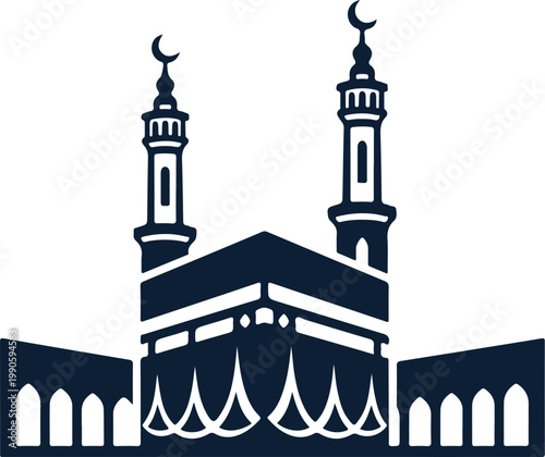 Stylized silhouette of the kaaba in mecca with minarets and arches, islamic architecture mosque