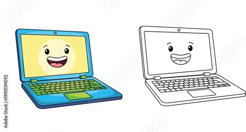 Cute Cartoon Laptop Character Set with Color and Line Art Illustration for Kids Coloring Book and Educational Technology Design