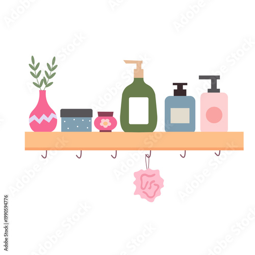 Flat vector illustration of a bathroom shelf with soap bottles, skincare containers, plant, and accessories. Clean and modern composition, perfect for hygiene, home interior, and lifestyle themes.