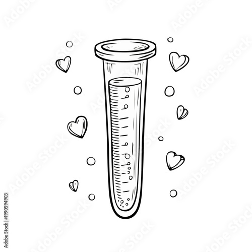 Hand Drawn Science Test Tube with Hearts and Bubbles Illustration