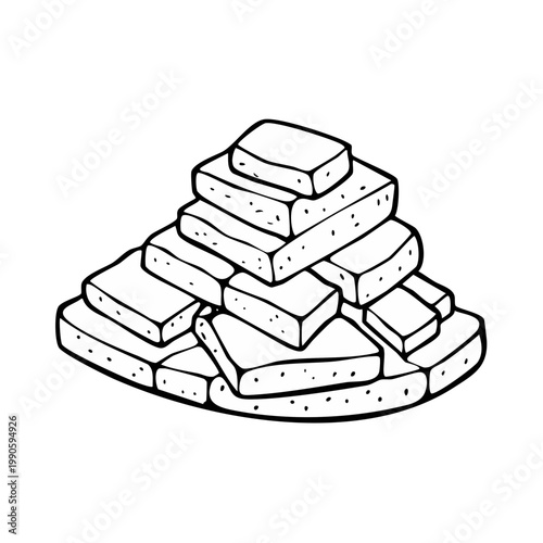 Pile of stacked rectangular food snacks or crunchy croutons in simple line art illustration style