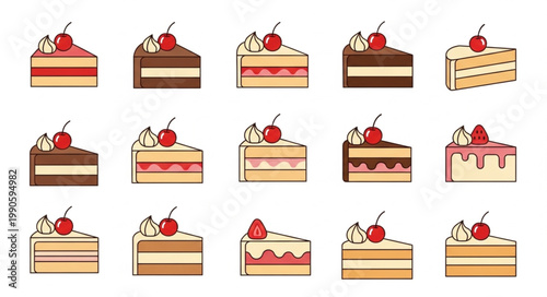 Collection of delicious cake slices with cherry on top.