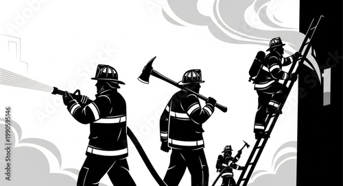 Firefighters in Action Battling a Blaze with Water and Tools.