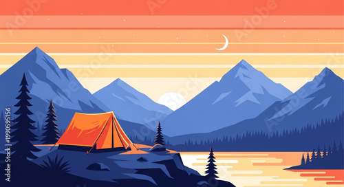 Orange tent set up on a rocky outcrop overlooking a calm lake and majestic mountains at sunset.