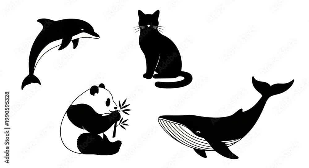 Obraz premium Collection of black silhouette animals including a dolphin panda cat and whale.