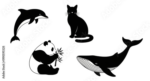 Collection of black silhouette animals including a dolphin panda cat and whale.