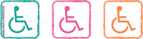 Accessibility signage three colorful wheelchair symbol representations