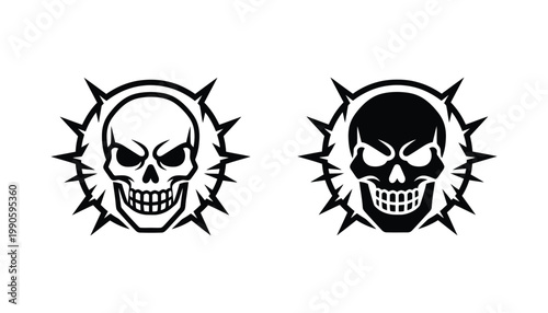 Aggressive human skull with sharp thorns halo vector icon set in outline and solid black styles for edgy apparel and dark gothic design themes