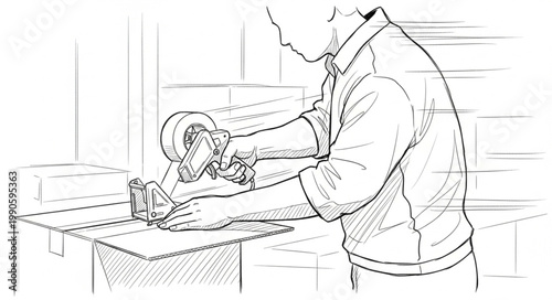 Man using a saw to cut wood on a workbench.