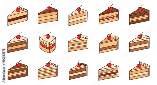Collection of Delicious Slices of Cake with Cherry on Top.