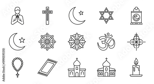 Collection of religious symbols and icons representing different faiths.