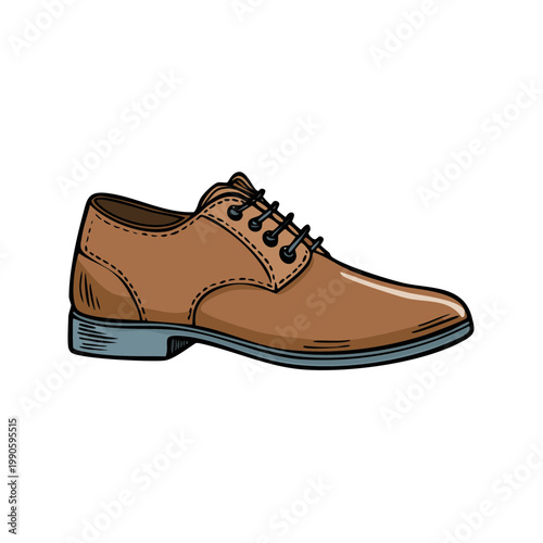 Classic brown leather oxford shoe with black laces and a stacked heel illustrated style