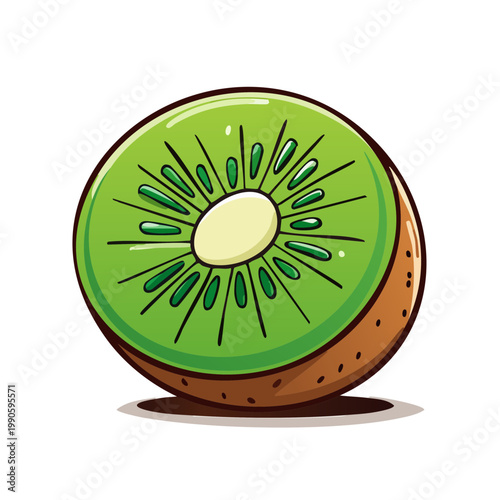 Vibrant cartoon slice of kiwi fruit with green flesh and black seeds