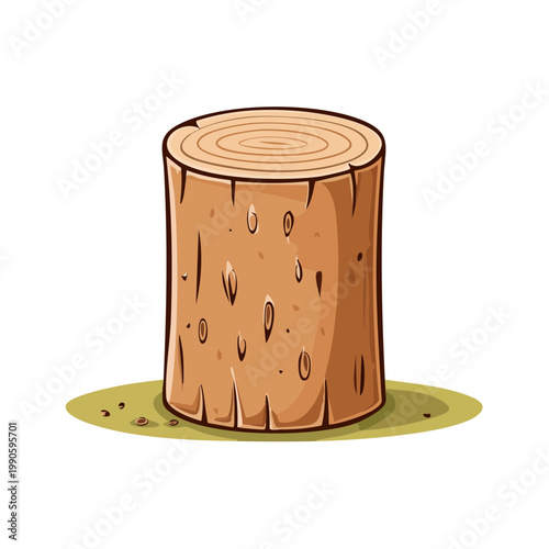 A simple cartoon illustration of a wooden tree stump with a textured surface and green grass base