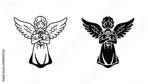 Guardian angel holding rose flower vector icon set in outline and solid black styles representing hope faith and spiritual protection for religious themes