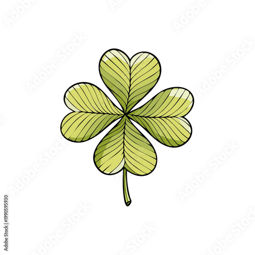 Hand-drawn green four-leaf clover with heart-shaped leaves and delicate veins symbolizing luck and good fortune