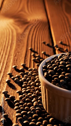 Roasted coffee beans spilling from bowl onto wood table, coffee concept, aroma.