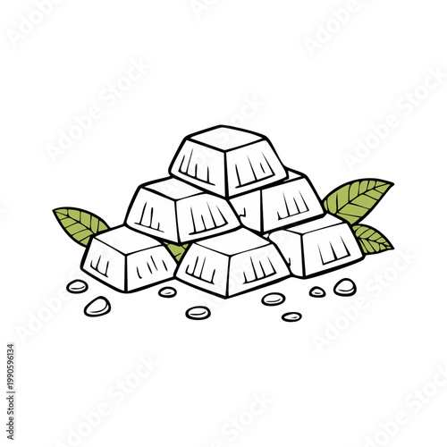 Hand Drawn Stack of Silver Bars With Green Leaves and Drops