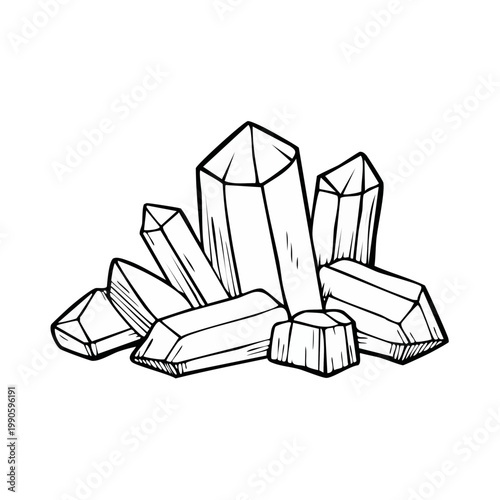 Cluster of hand drawn crystals and gemstones isolated on white background line art