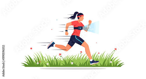 Woman jogging in the park with flowers and grass