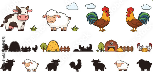farm animals and icons, cow, sheep, rooster, chickens, barn