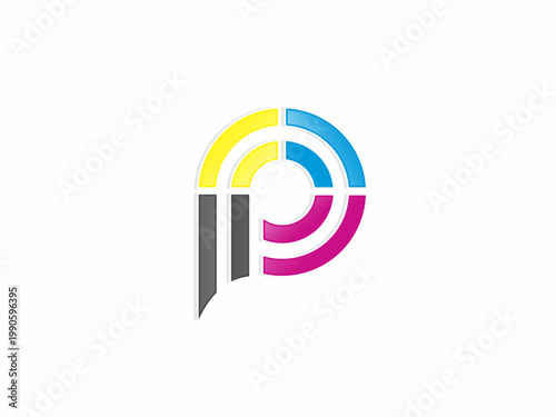 A creative Letter P logo design stylized with paint strokes and CMYK color rings. An ideal graphic identity for printing services, design agencies, and creative branding companies.