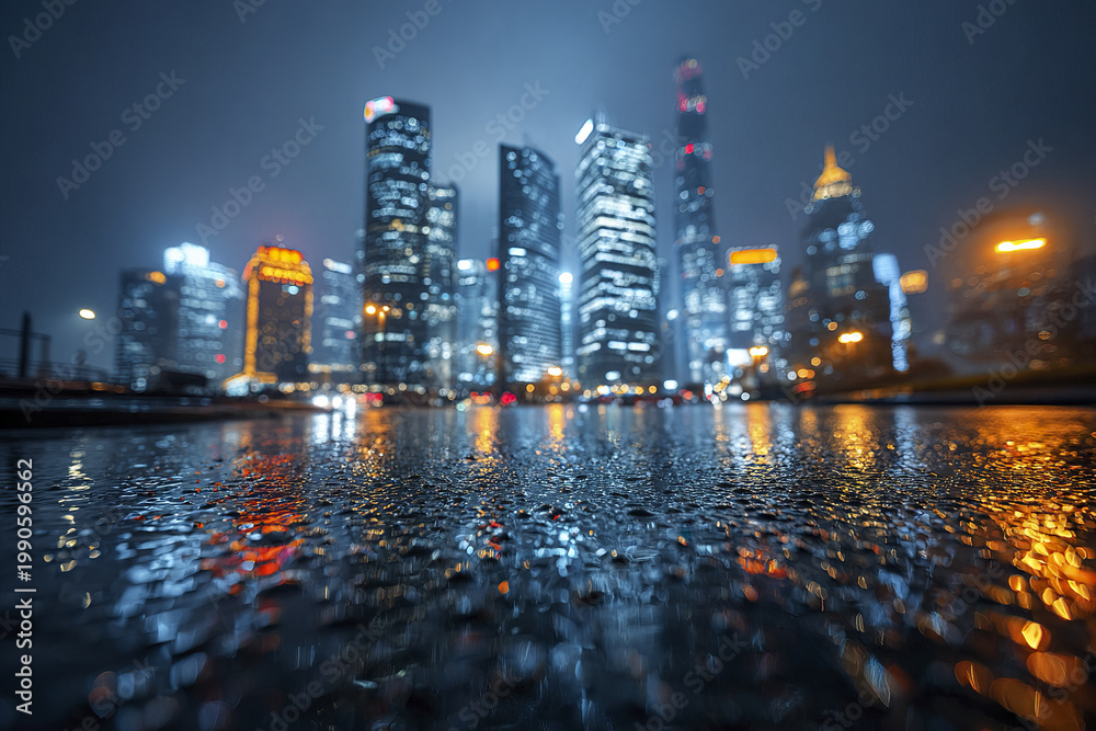 Fototapeta premium Modern futuristic downtown skyline during rainy night with wet reflective street and glowing city lights creating vibrant urban atmosphere full of energy and motion