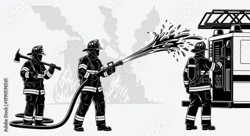 Firefighters Battling Blaze with Water Hose and Axe.